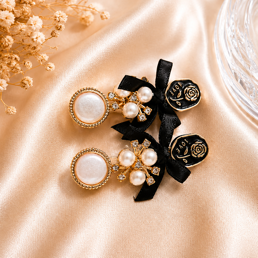 Korean Vintage Pearl Black Ribbon Luxury Hair Clip