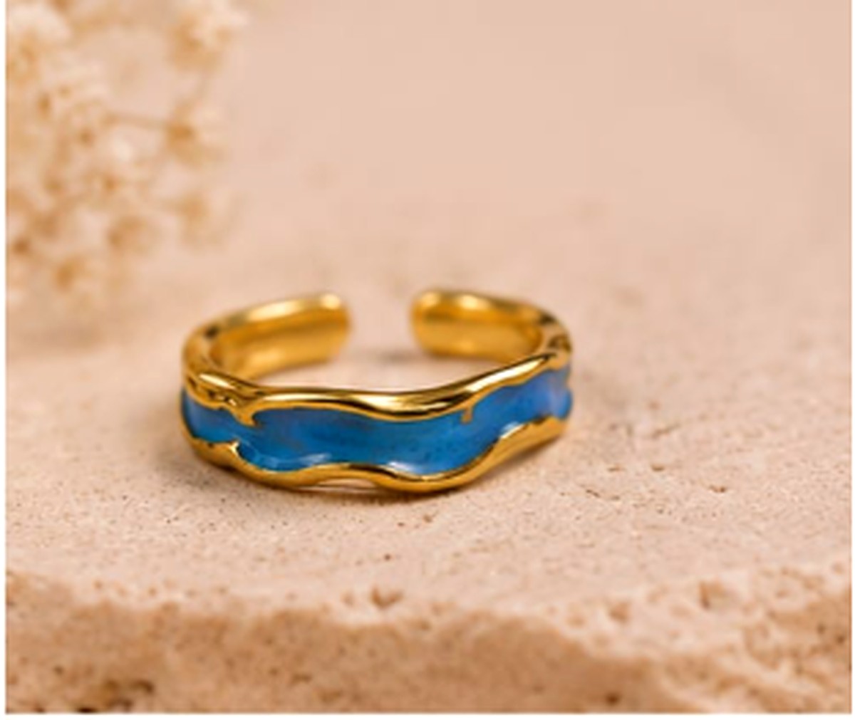 Gold & Blue Enamel Open Cuff Ring