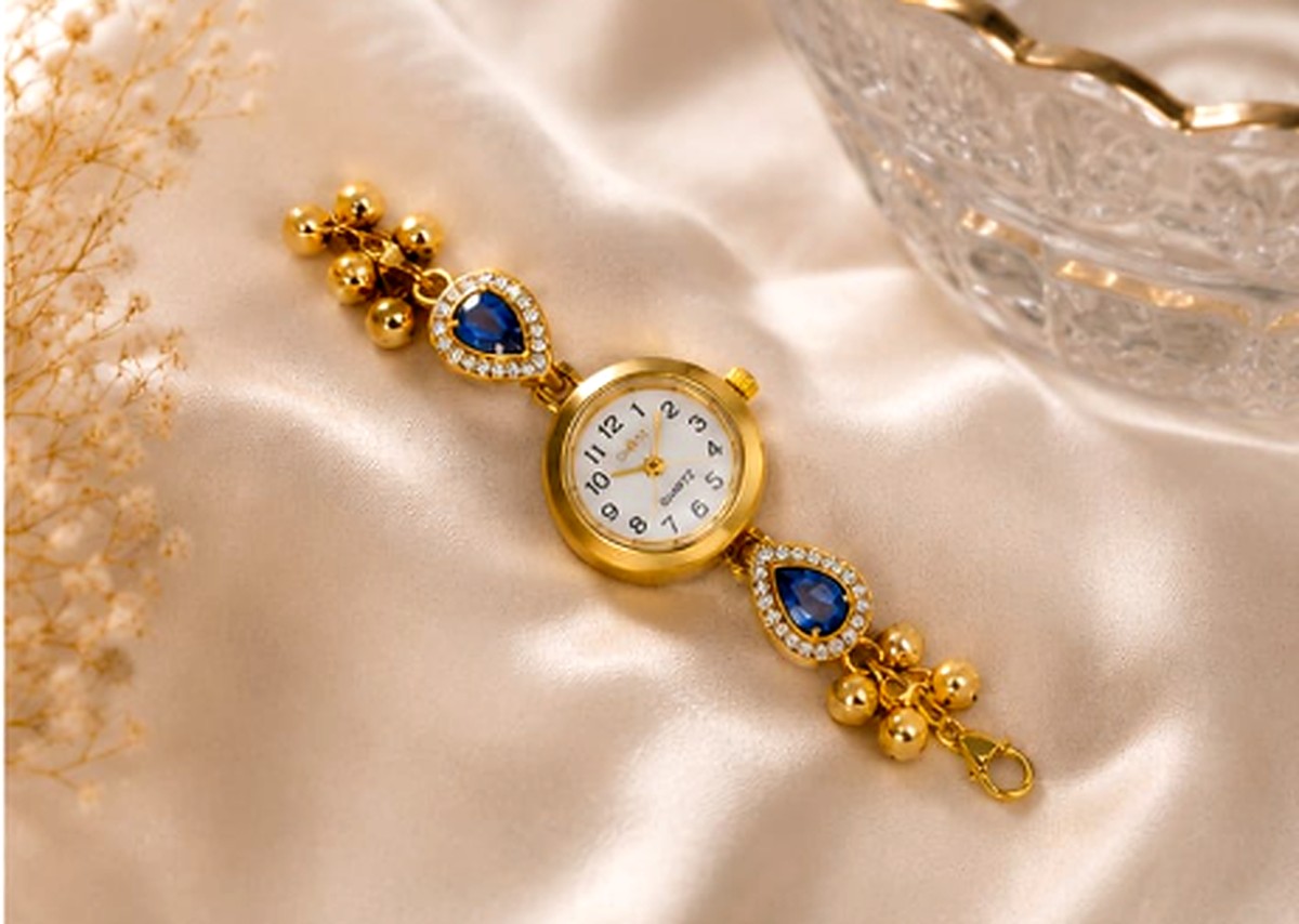 Gold-Tone Blue Teardrop Bracelet Watch