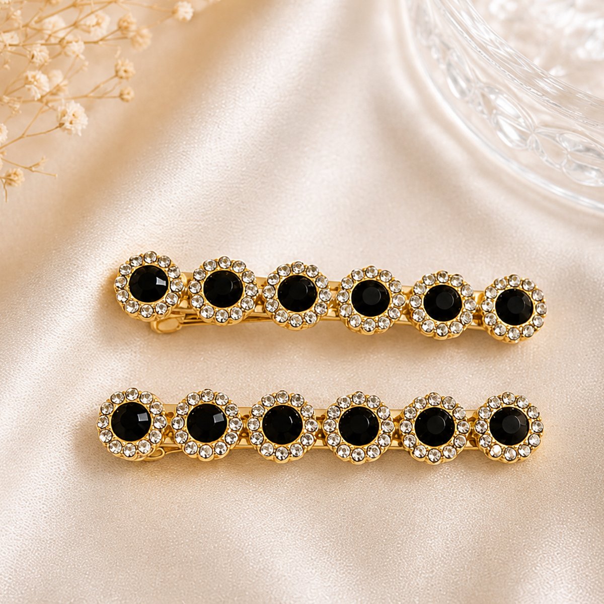 Korean Black Onyx Crystal Blossom Gold Hair Barrette