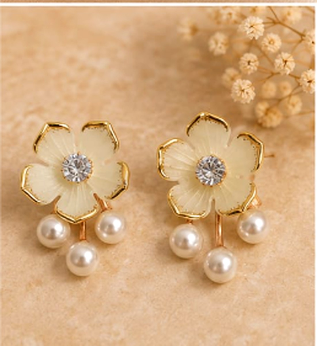 White Enamel Flow Pearl Drop Earrings